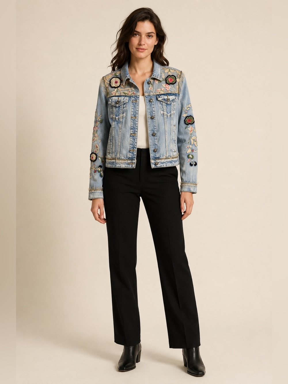 Desigual Flowers & Pearls Embroidered Denim Jacket Size 38 M